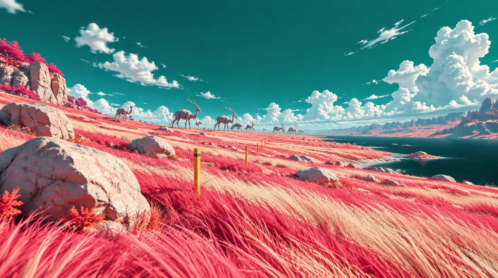 Coral Steppe dari ketinggian rumput: padang merah karang, batu pucat, deretan patok kuning ke cakrawala.