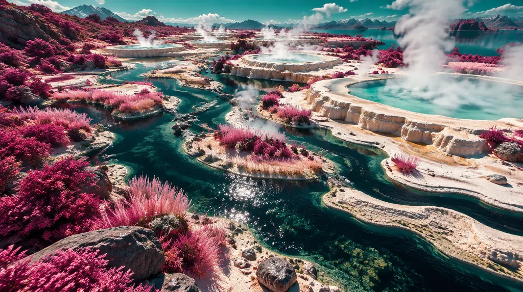 Thermal Delta dari atas: kanal hampir hitam di antara teras mineral pucat, uap putih dari kolam panas.