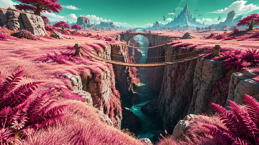 Rift Meadows: padang merah muda terbelah ngarai dalam, jembatan tali melintang di atasnya.